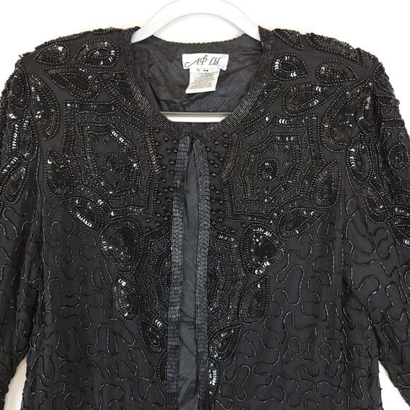 Silk Open Jacket Beaded Sequin AP Ltd Women M Black Evening Cocktail Festive Vtg - Picture 14 of 16